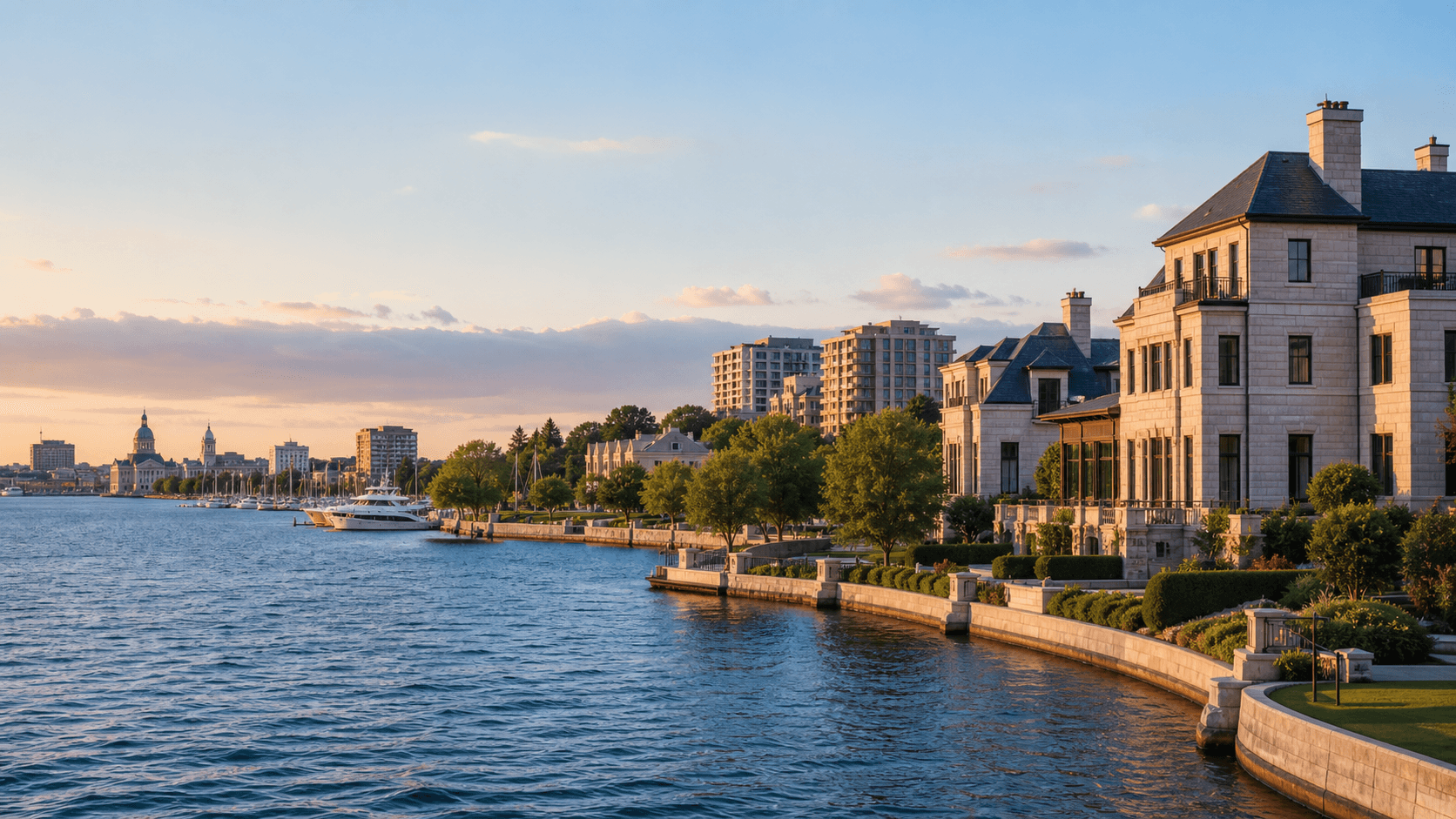 Kingston waterfront homes and limestone buildings beside Lake Ontario